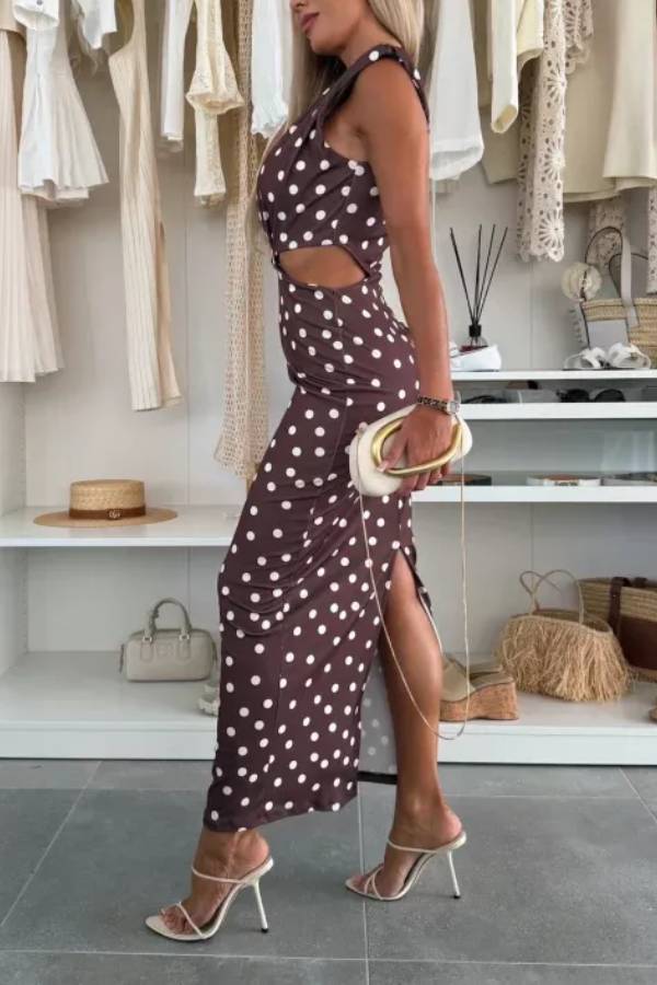 Roxane Polka Dot Print Shoulder Pad Metal Cutout Waist Slit Stretch Maxi Dress