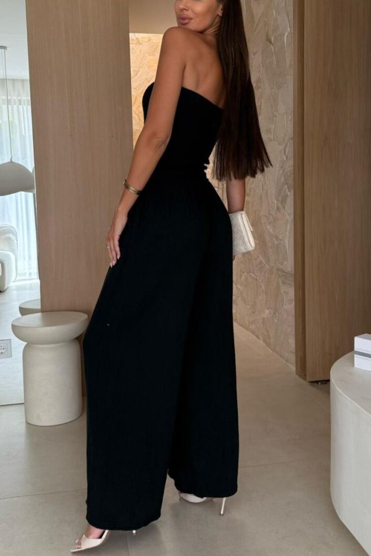 Linen Blend Solid Color Off-the-shoulder Pleated Casual Pocket Wide-leg Jumpsuit