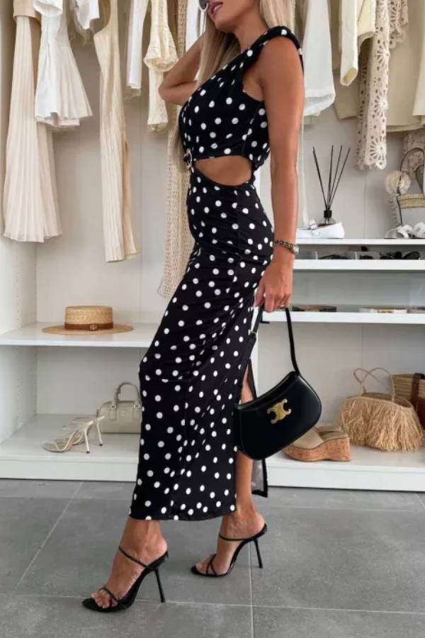 Roxane Polka Dot Print Shoulder Pad Metal Cutout Waist Slit Stretch Maxi Dress