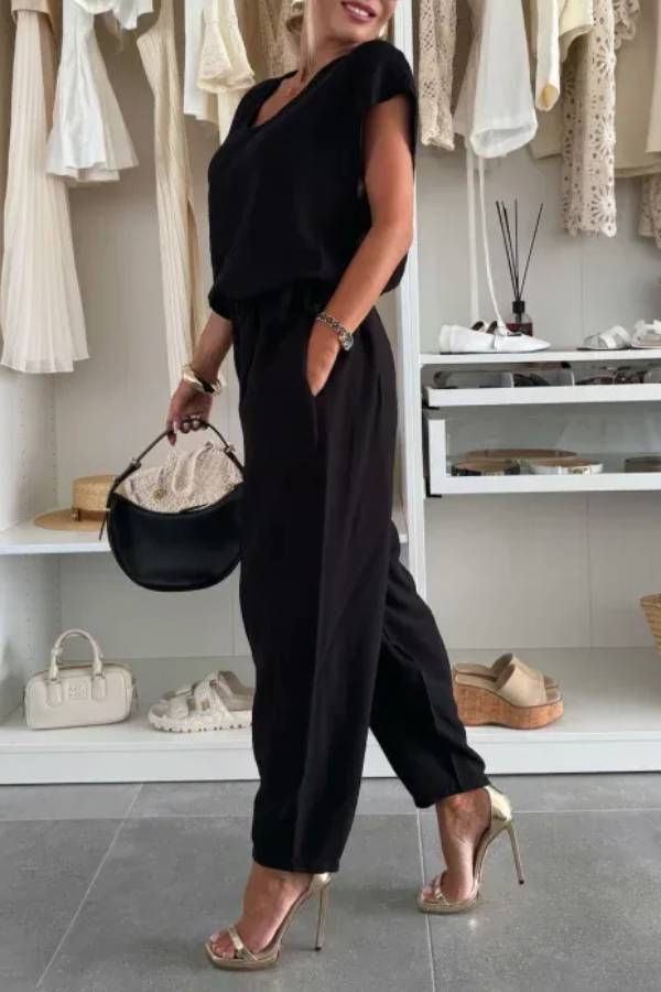 Leva Linen Blend Drawstring Short Sleeve Top and Elastic Waist Pocket Loose Tapered Pants