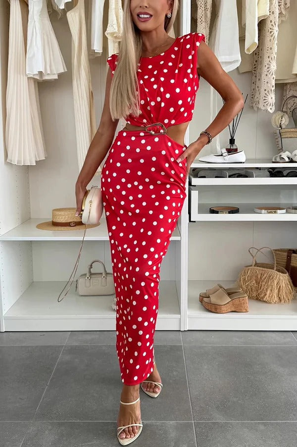Roxane Polka Dot Print Shoulder Pad Metal Cutout Waist Slit Stretch Maxi Dress