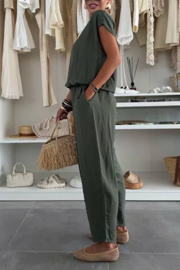 Leva Linen Blend Drawstring Short Sleeve Top and Elastic Waist Pocket Loose Tapered Pants