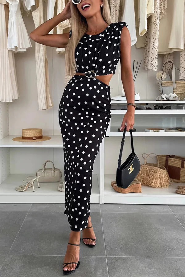 Roxane Polka Dot Print Shoulder Pad Metal Cutout Waist Slit Stretch Maxi Dress