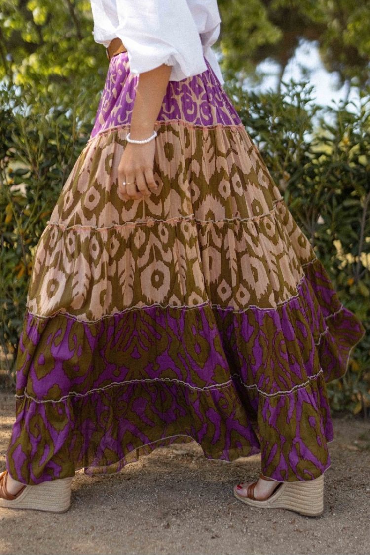Resort Style Unique Print Elastic Waist Loose Stitching Maxi Skirt