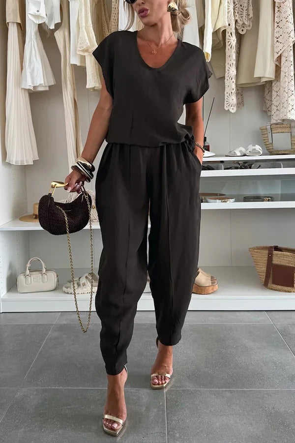 Leva Linen Blend Drawstring Short Sleeve Top and Elastic Waist Pocket Loose Tapered Pants