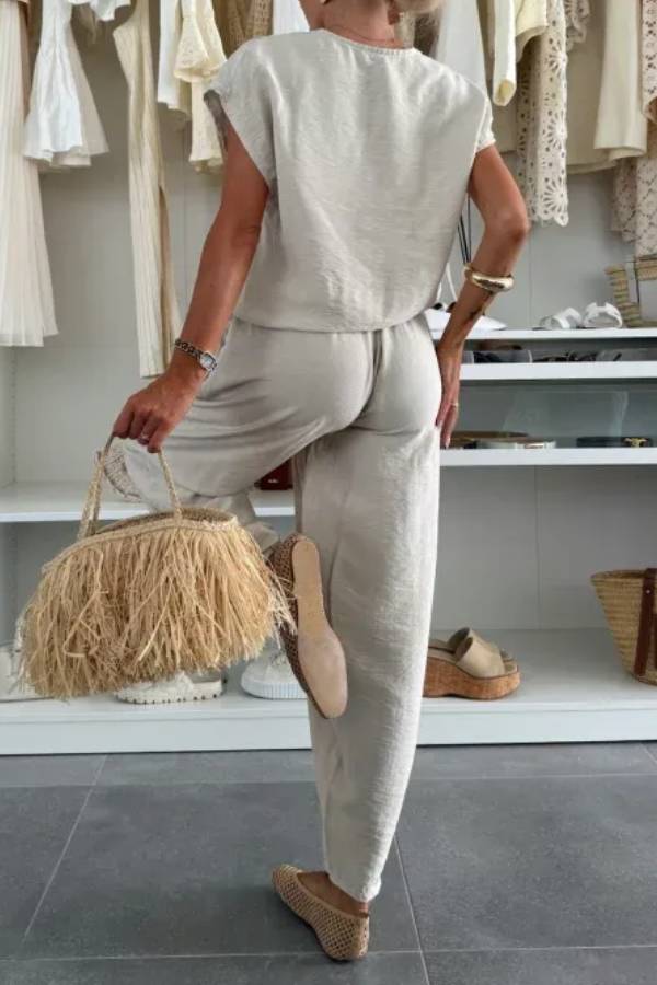 Leva Linen Blend Drawstring Short Sleeve Top and Elastic Waist Pocket Loose Tapered Pants