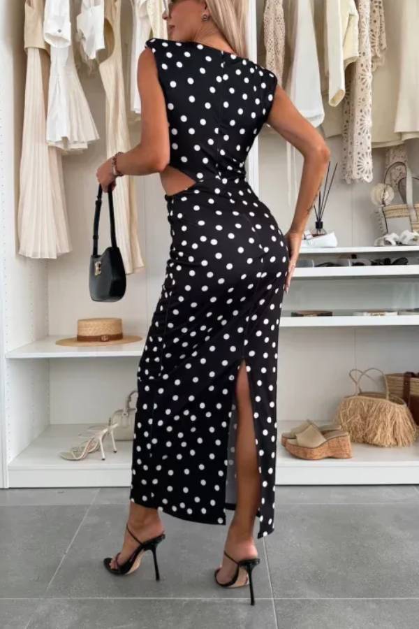 Roxane Polka Dot Print Shoulder Pad Metal Cutout Waist Slit Stretch Maxi Dress