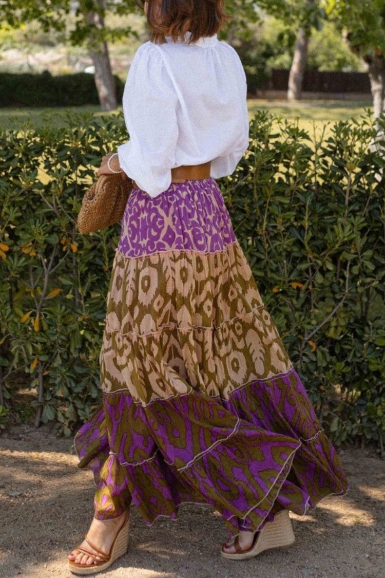 Resort Style Unique Print Elastic Waist Loose Stitching Maxi Skirt