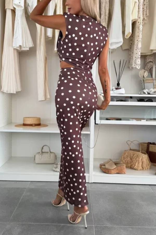Roxane Polka Dot Print Shoulder Pad Metal Cutout Waist Slit Stretch Maxi Dress