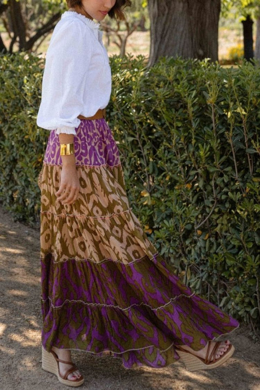 Resort Style Unique Print Elastic Waist Loose Stitching Maxi Skirt