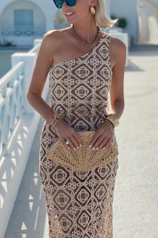 Obsessed with Beauty Crochet Lace One Shoulder Maxi Dress