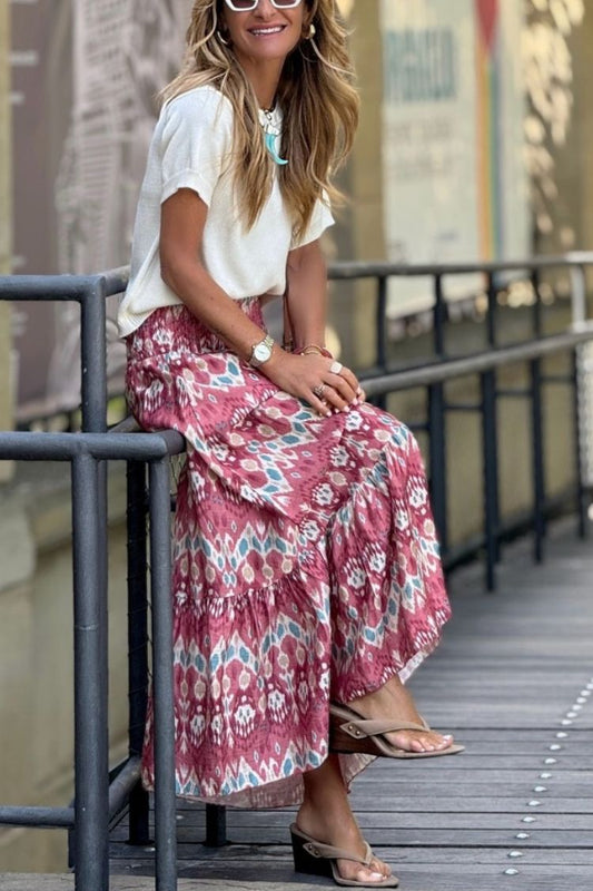 Resort Style Unique Print Pleated Elastic Waist Maxi Skirt