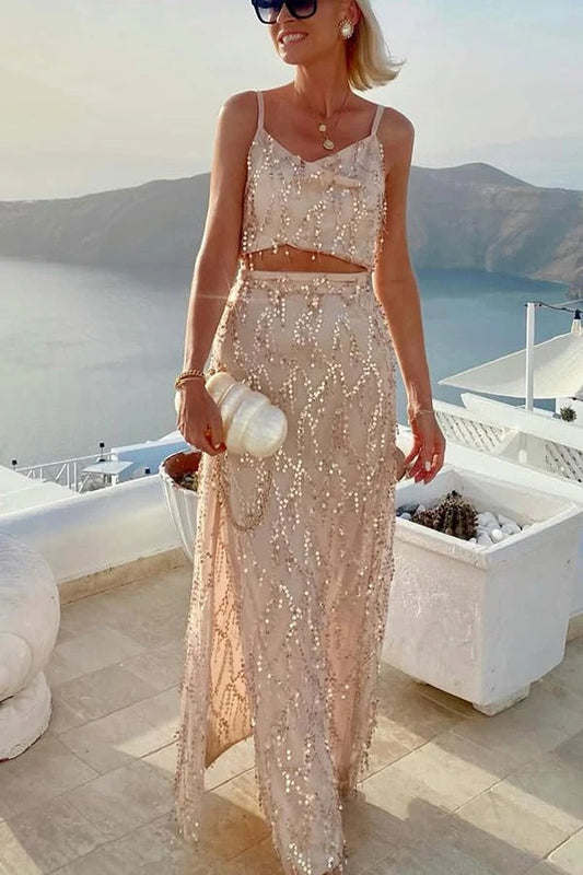 Evening Sky Tassel Sequin Cross Tank and High Rise Slit Maxi Skirt Set