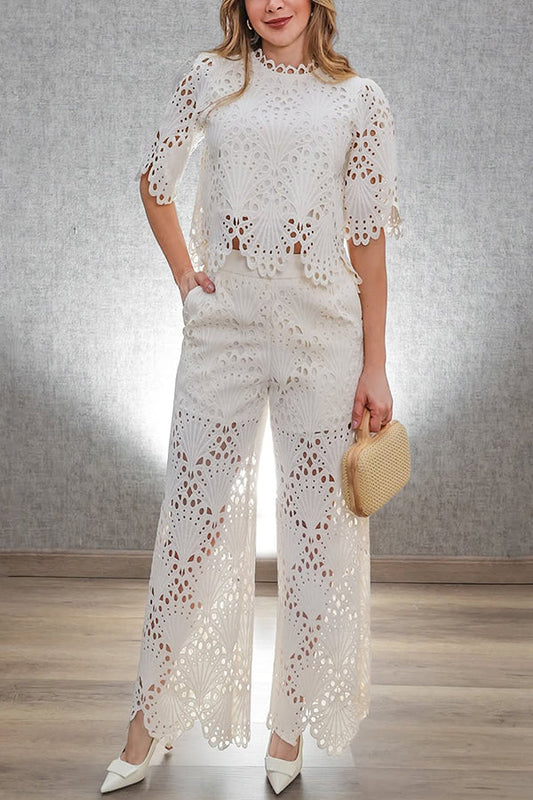 Eliose Scallop Cutout Embroidery Lace Short Sleeve Loose Top