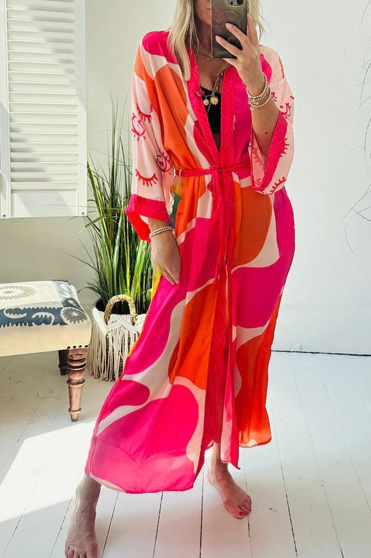 Elevate Beach Style Unique Print Long Sleeve Belted Pocket Cover-up Kimono