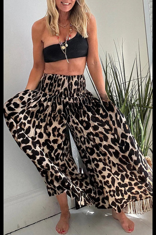 Stella Leopard Print High Rise Smocked Waist Pocketed Wide Leg Pants